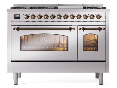48" ILVE Nostalgie II Dual Fuel Natural Gas Freestanding Range in Stainless Steel with Bronze Trim - UP48FNMP/SSB NG