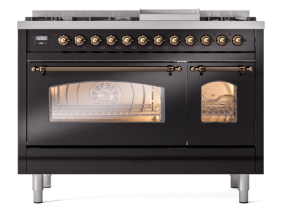 48" ILVE Nostalgie II Dual Fuel Natural Gas Freestanding Range in Glossy Black with Bronze Trim - UP48FNMP/BKB NG