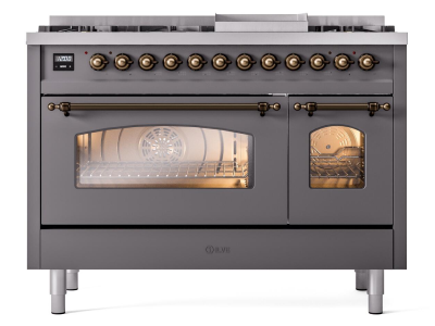 48" ILVE Nostalgie II Dual Fuel Natural Gas Freestanding Range in Matte Graphite with Bronze Trim - UP48FNMP/MGB NG