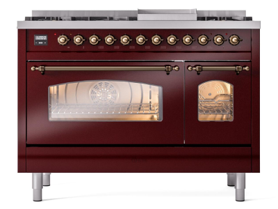 48" ILVE Nostalgie II Dual Fuel Natural Gas Freestanding Range in Burgundy with Bronze Trim - UP48FNMP/BUB NG