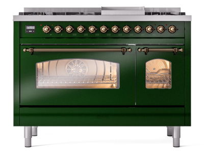 48" ILVE Nostalgie II Dual Fuel Natural Gas Freestanding Range in Emerald Green with Bronze Trim - UP48FNMP/EGB NG