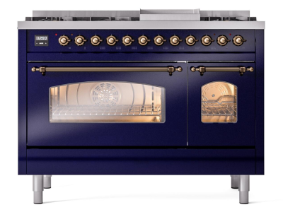 48" ILVE Nostalgie II Dual Fuel Natural Gas Freestanding Range in Blue with Bronze Trim - UP48FNMP/MBB NG