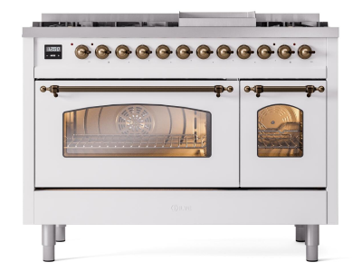 48" ILVE Nostalgie II Dual Fuel Natural Gas Freestanding Range in White with Bronze Trim - UP48FNMP/WHB NG