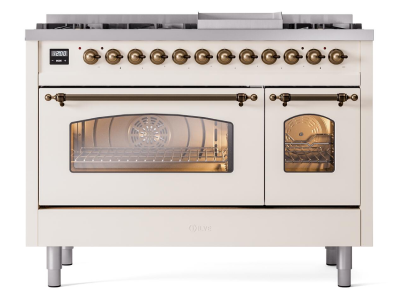 48" ILVE Nostalgie II Dual Fuel Natural Gas Freestanding Range in Antique White with Bronze Trim - UP48FNMP/AWB NG