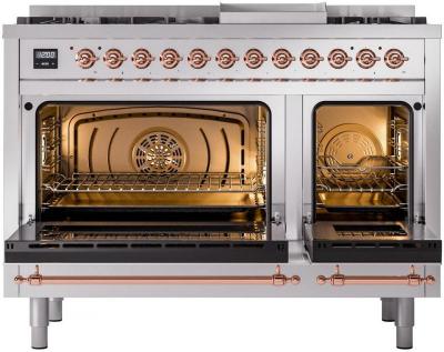 48" ILVE Nostalgie II Dual Fuel Liquid Propane Freestanding Range in Stainless Steel with Copper Trim - UP48FNMP/SSP LP