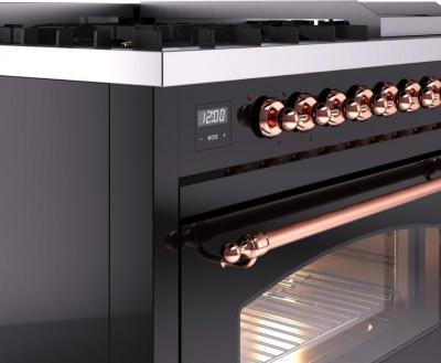 48" ILVE Nostalgie II Dual Fuel Liquid Propane Freestanding Range in Glossy Black with Copper Trim - UP48FNMP/BKP LP