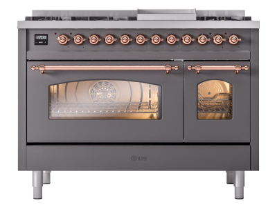 48" ILVE Nostalgie II Dual Fuel Liquid Propane Freestanding Range in Matte Graphite with Copper Trim - UP48FNMP/MGP LP