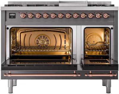 48" ILVE Nostalgie II Dual Fuel Liquid Propane Freestanding Range in Matte Graphite with Copper Trim - UP48FNMP/MGP LP