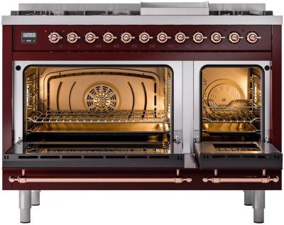 48" ILVE Nostalgie II Dual Fuel Liquid Propane Freestanding Range in Burgundy with Copper Trim - UP48FNMP/BUP LP