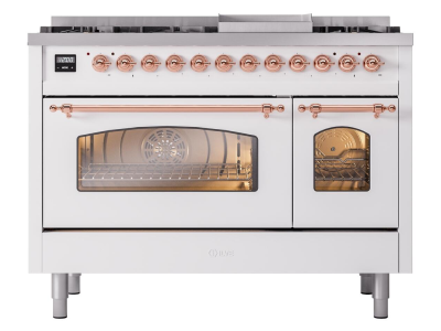 48" ILVE Nostalgie II Dual Fuel Liquid Propane Freestanding Range in White with Copper Trim - UP48FNMP/WHP LP