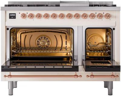 48" ILVE Nostalgie II Dual Fuel Liquid Propane Freestanding Range in Antique White with Copper Trim - UP48FNMP/AWP LP