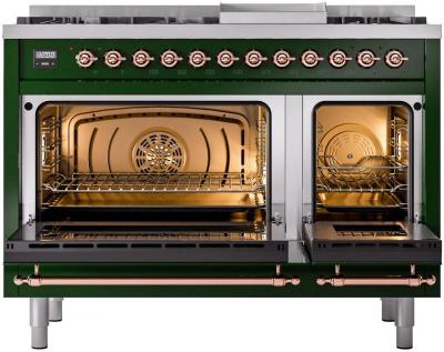 48" ILVE Nostalgie II Dual Fuel Liquid Propane Freestanding Range in Emerald Green with Copper Trim - UP48FNMP/EGP LP