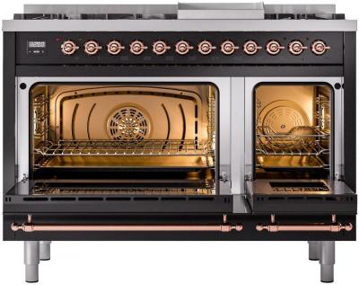 48" ILVE Nostalgie II Dual Fuel Natural Gas Freestanding Range in Glossy Black with Copper Trim - UP48FNMP/BKP NG