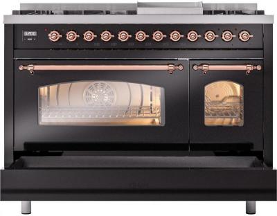 48" ILVE Nostalgie II Dual Fuel Natural Gas Freestanding Range in Glossy Black with Copper Trim - UP48FNMP/BKP NG