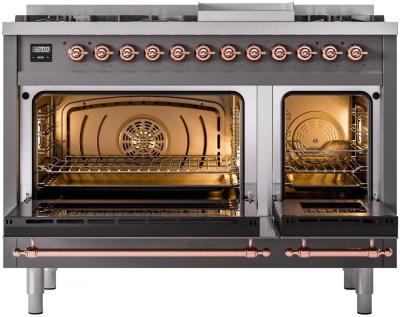 48" ILVE Nostalgie II Dual Fuel Natural Gas Freestanding Range in Matte Graphite with Copper Trim - UP48FNMP/MGP NG
