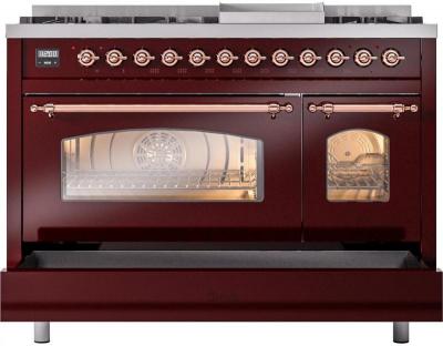 48" ILVE Nostalgie II Dual Fuel Natural Gas Freestanding Range in Burgundy with Copper Trim - UP48FNMP/BUP NG