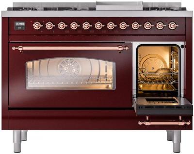 48" ILVE Nostalgie II Dual Fuel Natural Gas Freestanding Range in Burgundy with Copper Trim - UP48FNMP/BUP NG