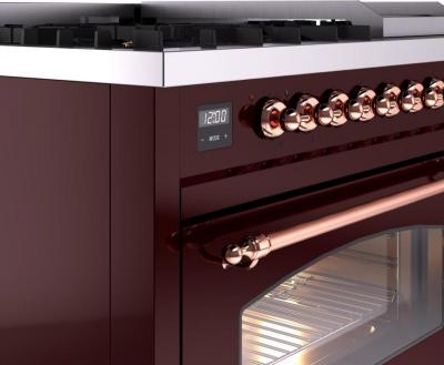 48" ILVE Nostalgie II Dual Fuel Natural Gas Freestanding Range in Burgundy with Copper Trim - UP48FNMP/BUP NG