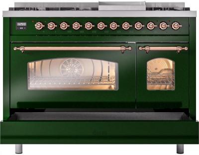 48" ILVE Nostalgie II Dual Fuel Natural Gas Freestanding Range in Emerald Green with Copper Trim - UP48FNMP/EGP NG