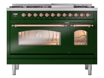 48" ILVE Nostalgie II Dual Fuel Natural Gas Freestanding Range in Emerald Green with Copper Trim - UP48FNMP/EGP NG