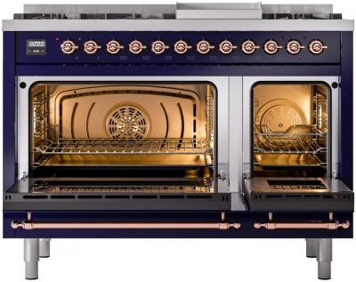 48" ILVE Nostalgie II Dual Fuel Natural Gas Freestanding Range in Blue with Copper Trim - UP48FNMP/MBP NG