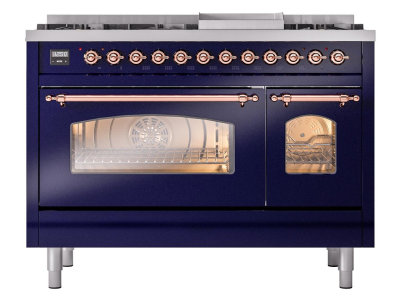 48" ILVE Nostalgie II Dual Fuel Natural Gas Freestanding Range in Blue with Copper Trim - UP48FNMP/MBP NG