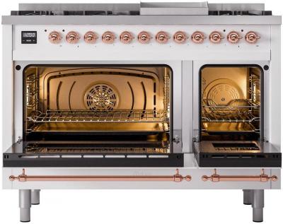 48" ILVE Nostalgie II Dual Fuel Natural Gas Freestanding Range in White with Copper Trim - UP48FNMP/WHP NG