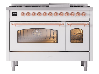 48" ILVE Nostalgie II Dual Fuel Natural Gas Freestanding Range in White with Copper Trim - UP48FNMP/WHP NG