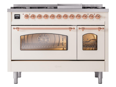 48" ILVE Nostalgie II Dual Fuel Natural Gas Freestanding Range in Antique White with Copper Trim - UP48FNMP/AWP NG