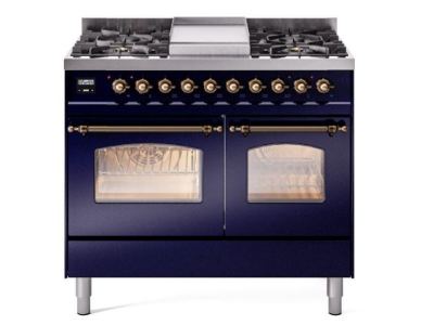 40" ILVE Nostalgie II Dual Fuel Liquid Propane Freestanding Range in Blue with Bronze Trim - UPD40FNMP/MBB LP