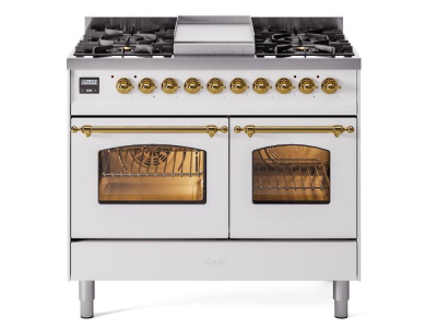 40" ILVE Nostalgie II Dual Fuel Liquid Propane Freestanding Range in White with Brass Trim - UPD40FNMP/WHG LP