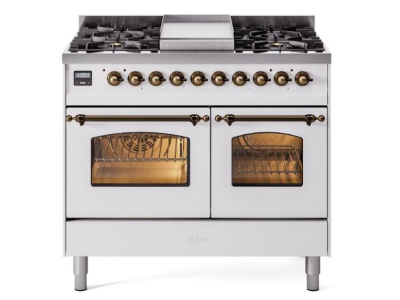 40" ILVE Nostalgie II Dual Fuel Liquid Propane Freestanding Range in White with Bronze Trim - UPD40FNMP/WHB LP