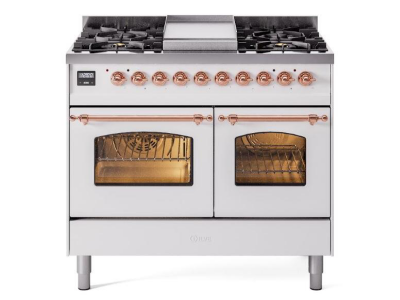 40" ILVE Nostalgie II Dual Fuel Liquid Propane Freestanding Range in White with Copper Trim - UPD40FNMP/WHP LP