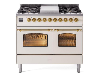 40" ILVE Nostalgie II Dual Fuel Liquid Propane Freestanding Range in Antique White with Brass Trim - UPD40FNMP/AWG LP