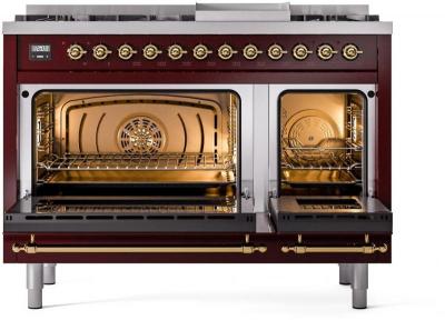 48" ILVE Nostalgie II Dual Fuel Natural Gas Freestanding Range in Burgundy with Brass Trim - UP48FNMP/BUG NG