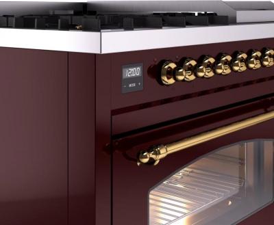 48" ILVE Nostalgie II Dual Fuel Natural Gas Freestanding Range in Burgundy with Brass Trim - UP48FNMP/BUG NG