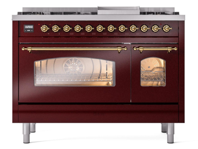 48" ILVE Nostalgie II Dual Fuel Natural Gas Freestanding Range in Burgundy with Brass Trim - UP48FNMP/BUG NG