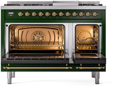 48" ILVE Nostalgie II Dual Fuel Natural Gas Freestanding Range in Emerald Green with Brass Trim - UP48FNMP/EGG NG
