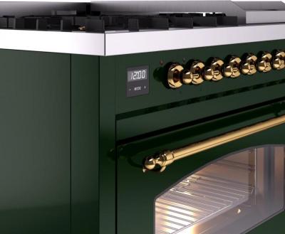 48" ILVE Nostalgie II Dual Fuel Natural Gas Freestanding Range in Emerald Green with Brass Trim - UP48FNMP/EGG NG