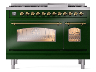 48" ILVE Nostalgie II Dual Fuel Natural Gas Freestanding Range in Emerald Green with Brass Trim - UP48FNMP/EGG NG