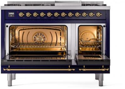 48" ILVE Nostalgie II Dual Fuel Natural Gas Freestanding Range in Blue with Brass Trim - UP48FNMP/MBG NG