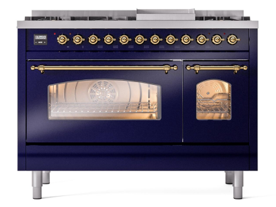 48" ILVE Nostalgie II Dual Fuel Natural Gas Freestanding Range in Blue with Brass Trim - UP48FNMP/MBG NG