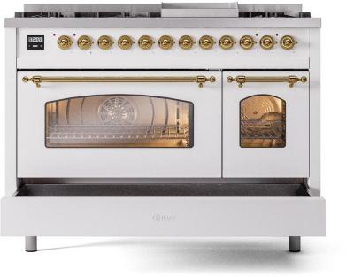 48" ILVE Nostalgie II Dual Fuel Natural Gas Freestanding Range in White with Brass Trim - UP48FNMP/WHG NG