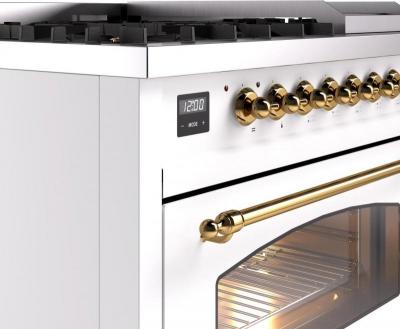 48" ILVE Nostalgie II Dual Fuel Natural Gas Freestanding Range in White with Brass Trim - UP48FNMP/WHG NG