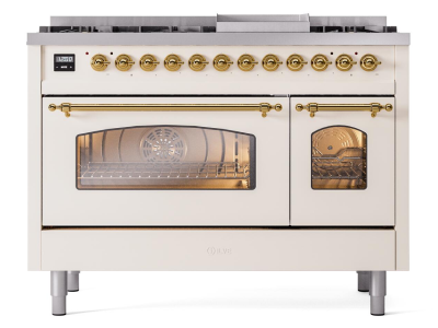 48" ILVE Nostalgie II Dual Fuel Natural Gas Freestanding Range in Antique White with Brass Trim - UP48FNMP/AWG NG