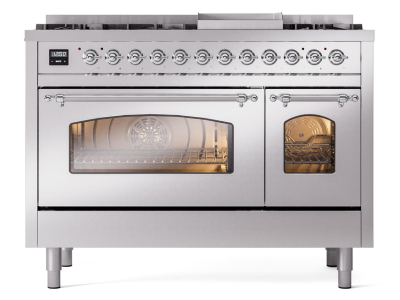 48" ILVE Nostalgie II Dual Fuel Liquid Propane Freestanding Range in Stainless Steel with Chrome Trim - UP48FNMP/SSC LP