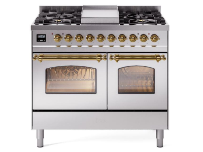 40" ILVE Nostalgie II Dual Fuel Natural Gas Freestanding Range in Stainless Steel with Brass Trim - UPD40FNMP/SSG NG