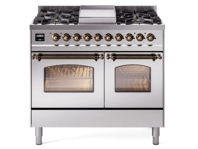 40" ILVE Nostalgie II Dual Fuel Natural Gas Freestanding Range in Stainless Steel with Bronze Trim - UPD40FNMP/SSB NG