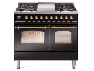 40" ILVE Nostalgie II Dual Fuel Natural Gas Freestanding Range in Glossy Black with Brass Trim - UPD40FNMP/BKG NG