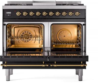 40" ILVE Nostalgie II Dual Fuel Natural Gas Freestanding Range in Glossy Black with Brass Trim - UPD40FNMP/BKG NG